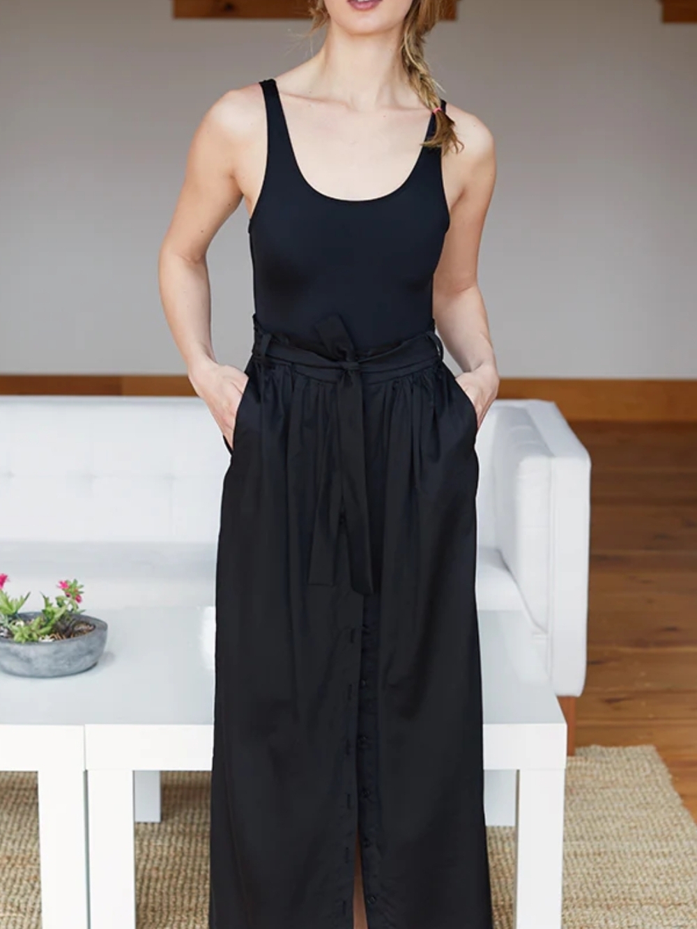 Emerson Fry Riviera Black Tie-Waist Button-Front Maxi Skirt